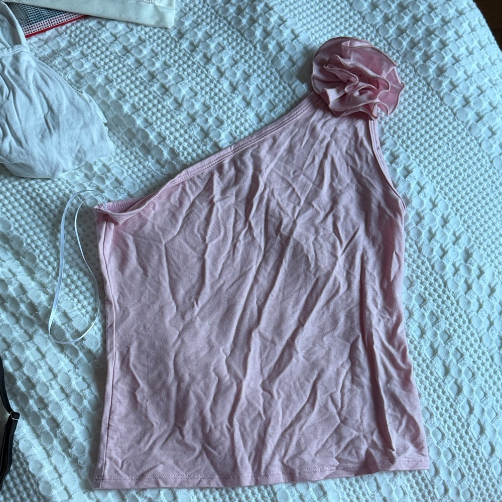 Reformation Pink One-Shoulder Tank with Rosette Strap